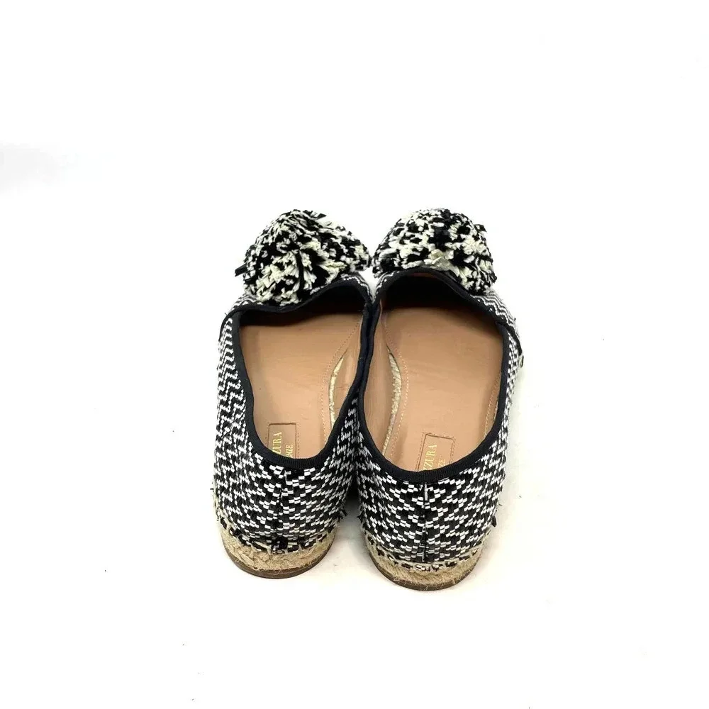 Aquazzura Pom Raffia Espadrille Flats Herringbone Black White Size 39 US‎ 9